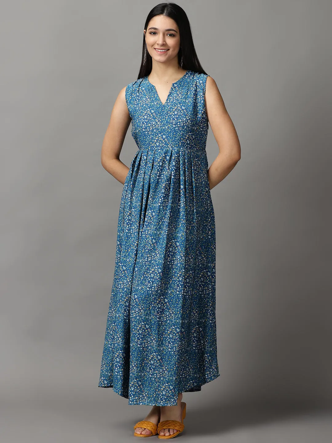 Women Blue Floral Fit and Flare Maxi Dress
