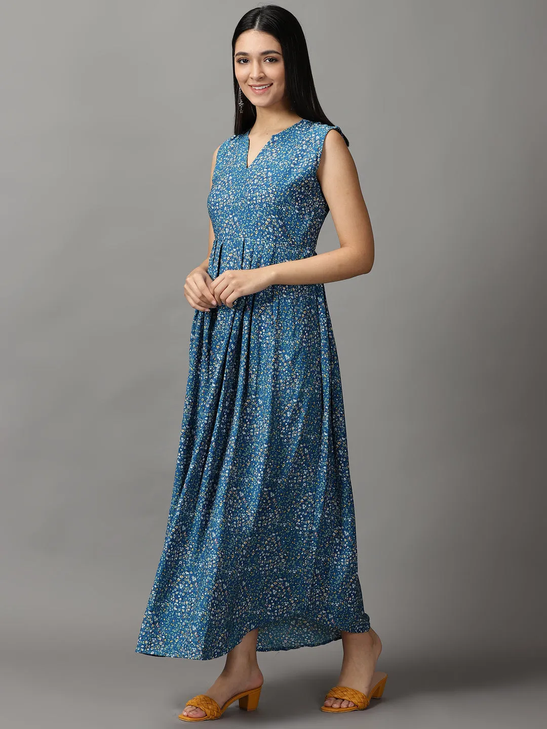 Women Blue Floral Fit and Flare Maxi Dress