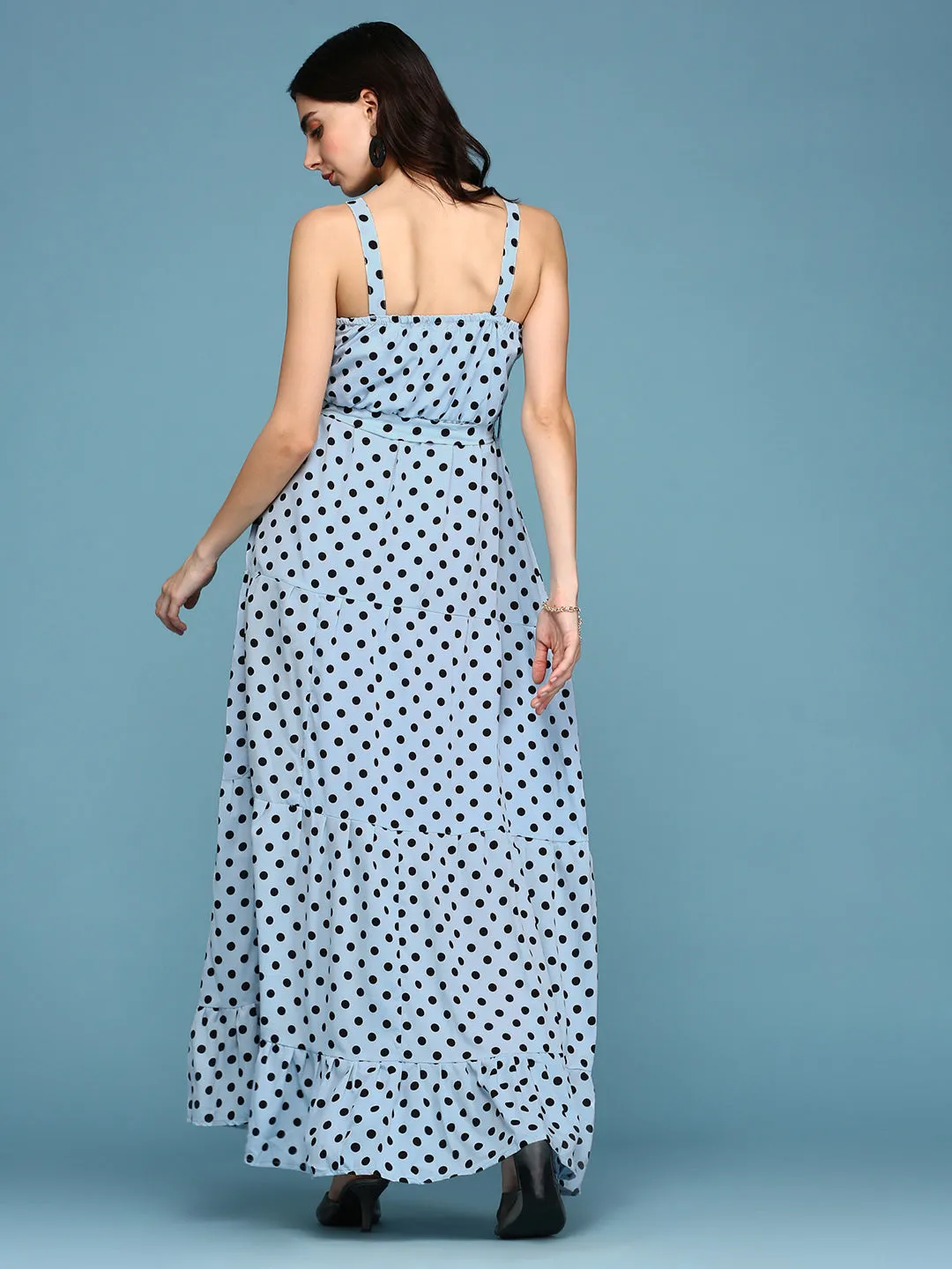 Women Blue Polka Dots Printed Fit and Flare Maxi Dress