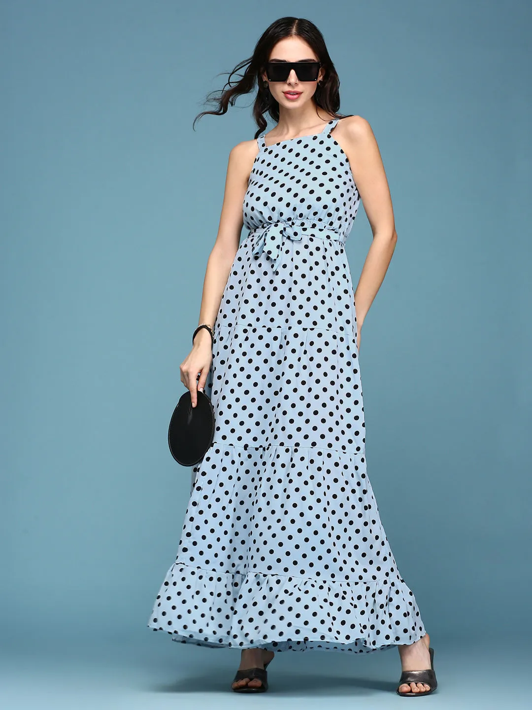 Women Blue Polka Dots Printed Fit and Flare Maxi Dress