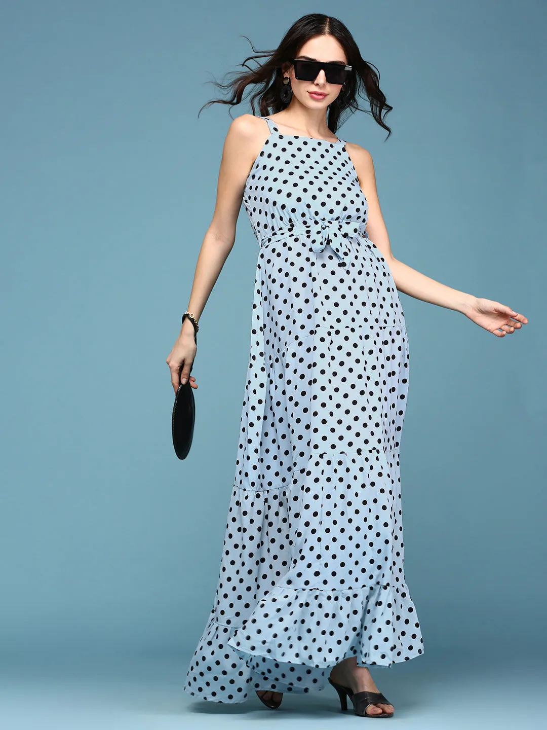 Women Blue Polka Dots Printed Fit and Flare Maxi Dress