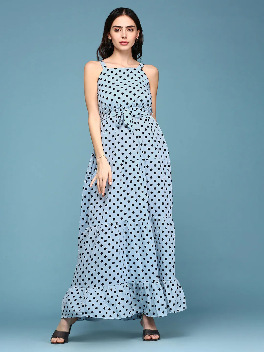 Women Blue Polka Dots Printed Fit and Flare Maxi Dress
