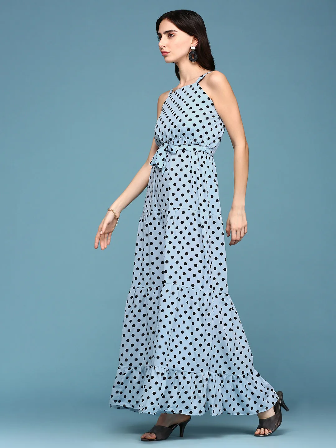 Women Blue Polka Dots Printed Fit and Flare Maxi Dress