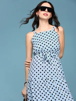 Women Blue Polka Dots Printed Fit and Flare Maxi Dress
