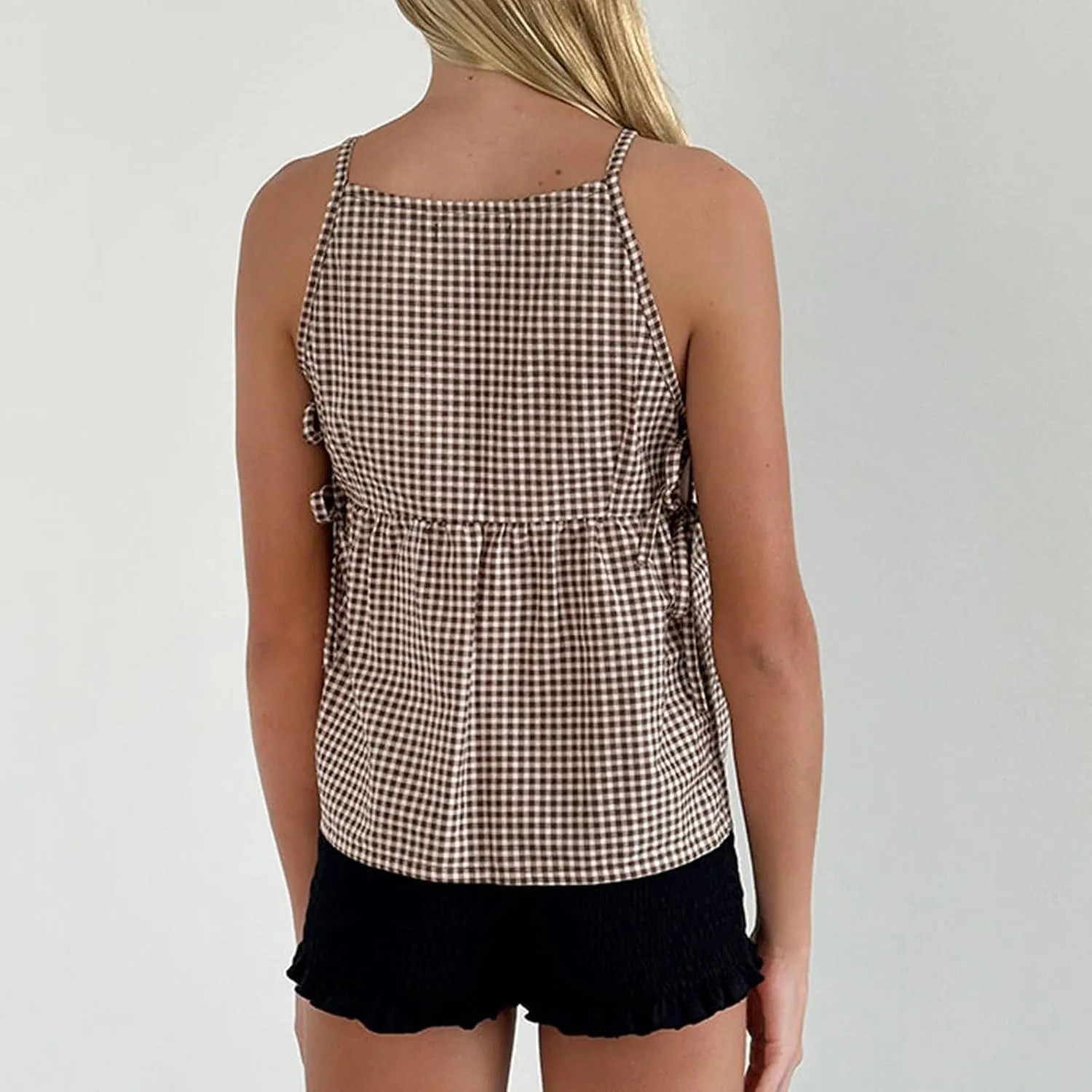 Women Bow Tie Side Tank Top Y2k Coquette Split Hem Peplum Cut Out Sleeveless Camisole Babydoll Vest Streetwear