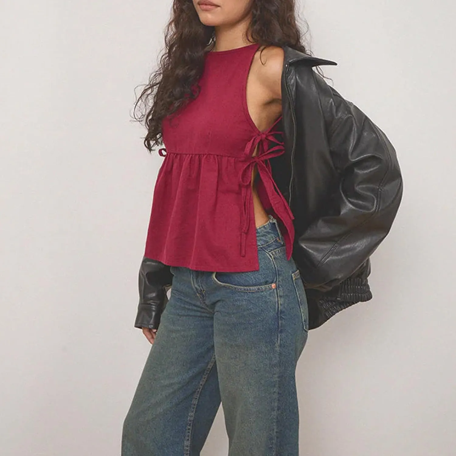 Women Bow Tie Side Tank Top Y2k Coquette Split Hem Peplum Cut Out Sleeveless Camisole Babydoll Vest Streetwear