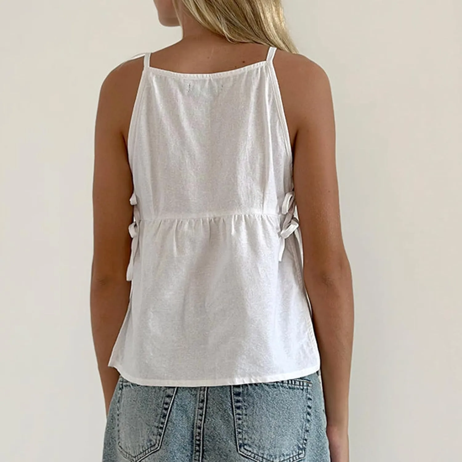 Women Bow Tie Side Tank Top Y2k Coquette Split Hem Peplum Cut Out Sleeveless Camisole Babydoll Vest Streetwear