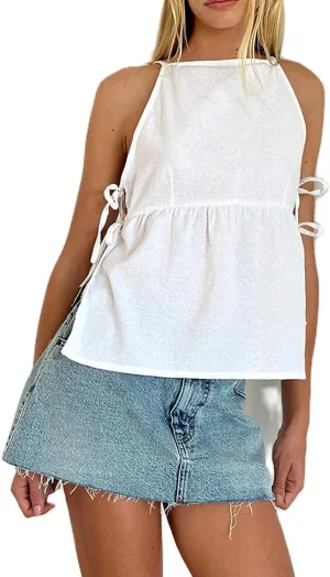 Women Bow Tie Side Tank Top Y2k Coquette Split Hem Peplum Cut Out Sleeveless Camisole Babydoll Vest Streetwear
