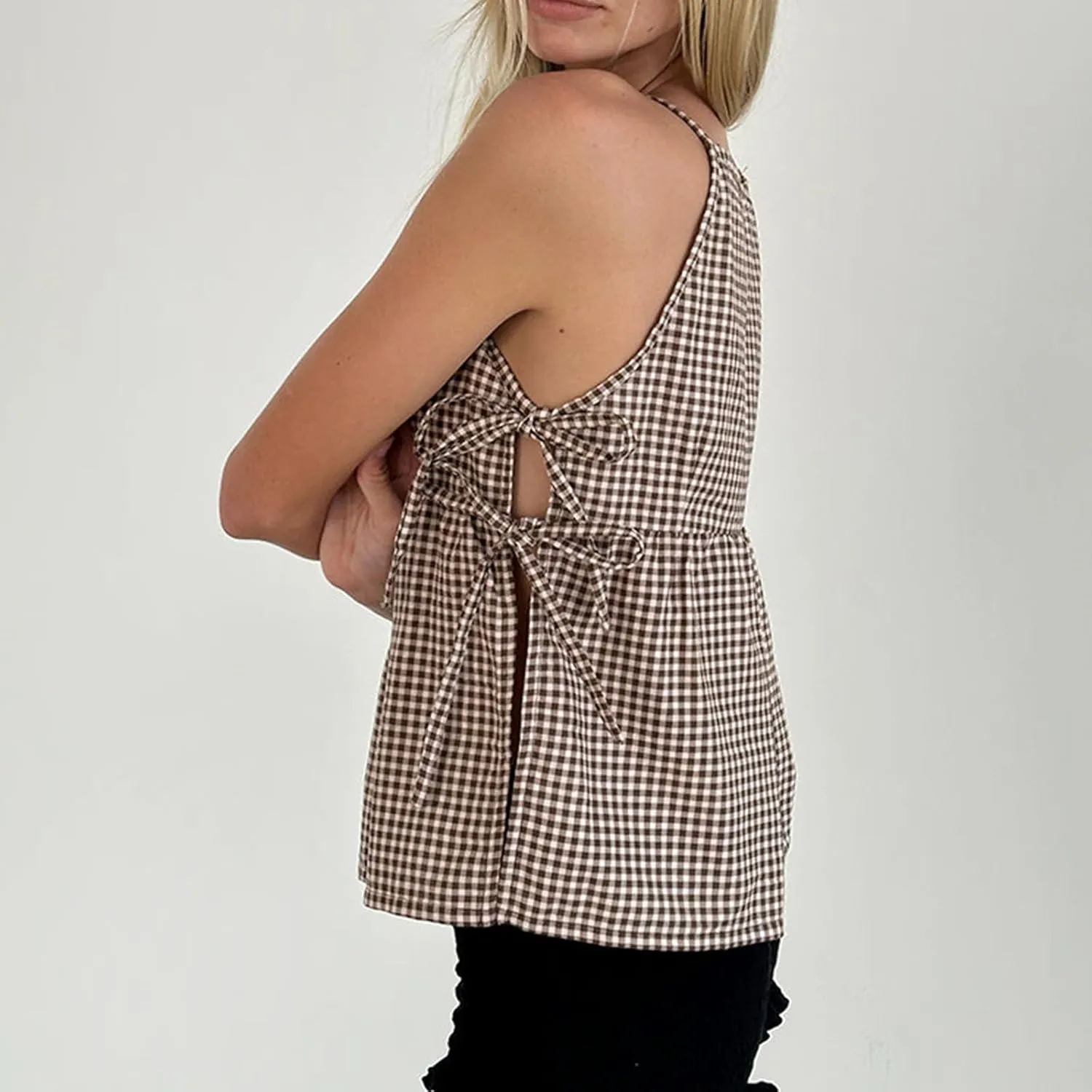 Women Bow Tie Side Tank Top Y2k Coquette Split Hem Peplum Cut Out Sleeveless Camisole Babydoll Vest Streetwear