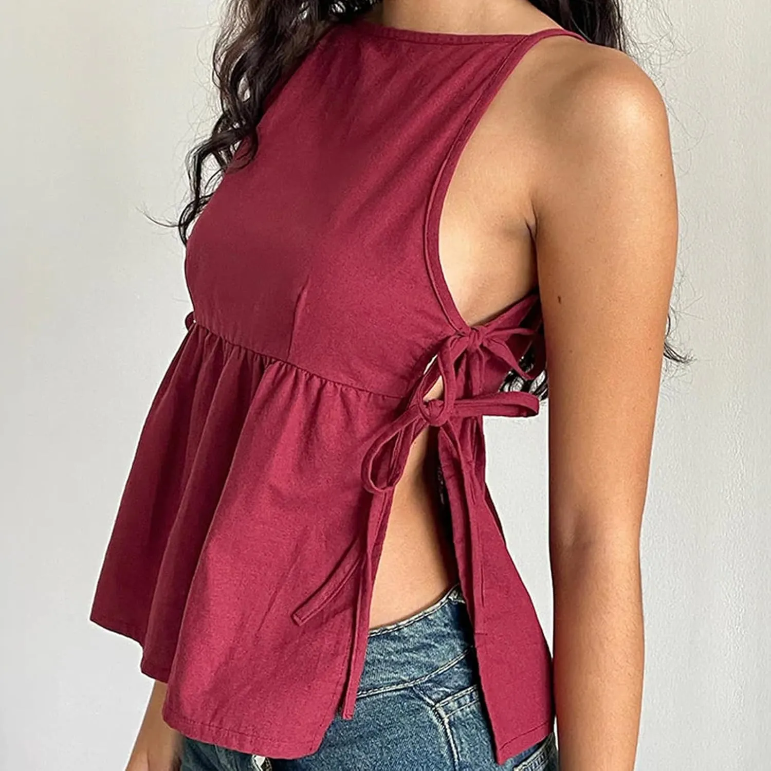Women Bow Tie Side Tank Top Y2k Coquette Split Hem Peplum Cut Out Sleeveless Camisole Babydoll Vest Streetwear