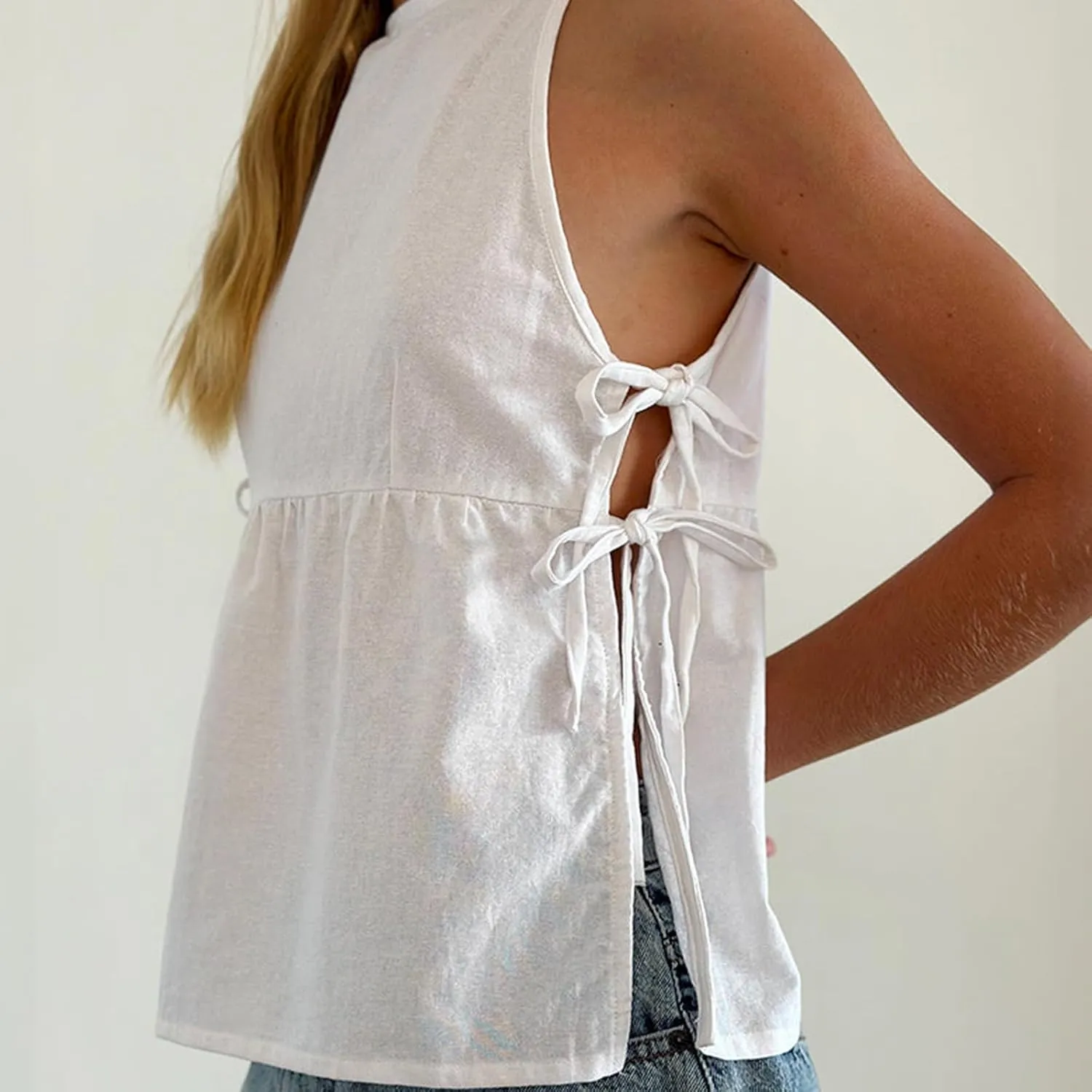 Women Bow Tie Side Tank Top Y2k Coquette Split Hem Peplum Cut Out Sleeveless Camisole Babydoll Vest Streetwear