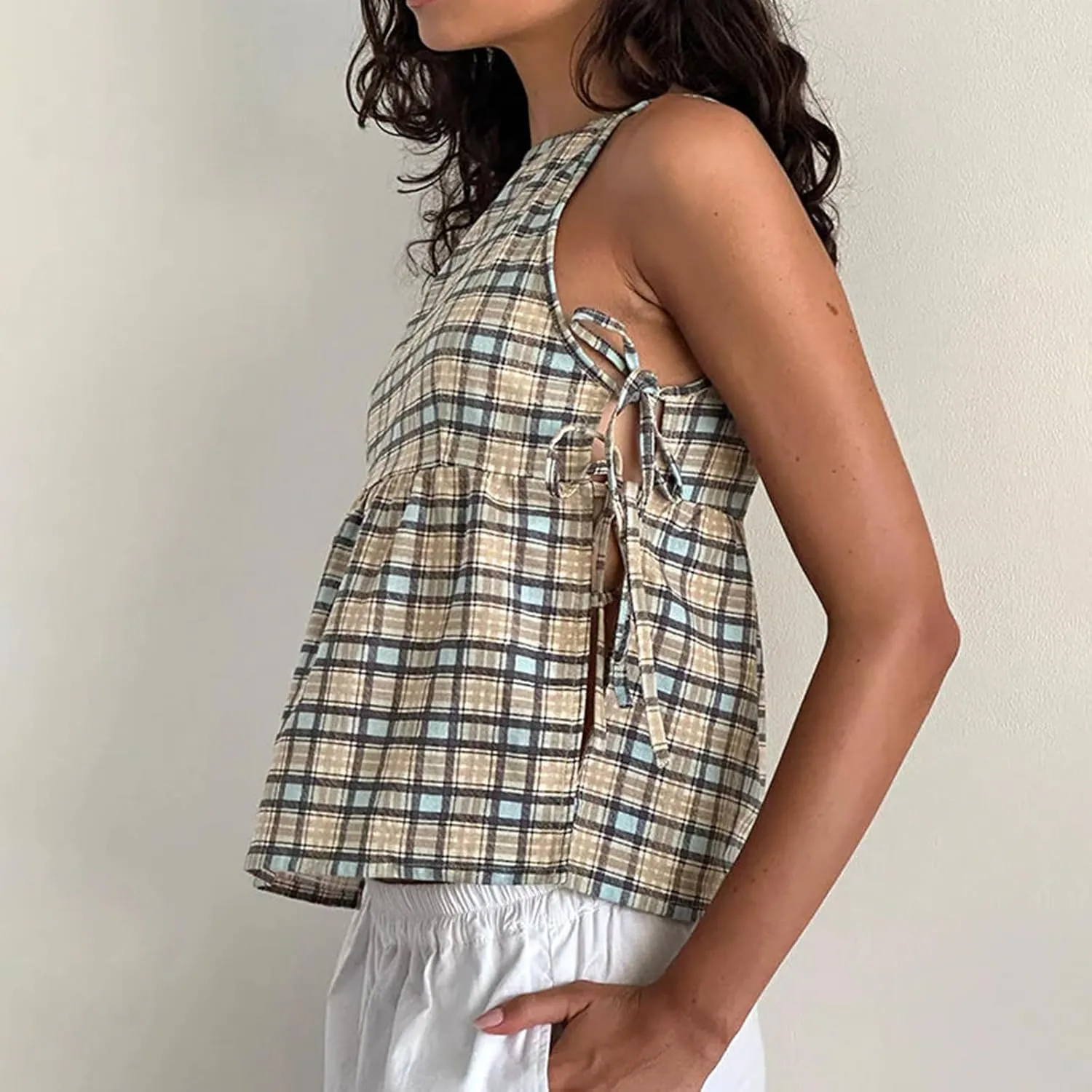Women Bow Tie Side Tank Top Y2k Coquette Split Hem Peplum Cut Out Sleeveless Camisole Babydoll Vest Streetwear