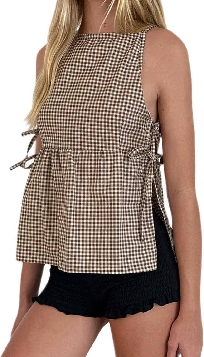 Women Bow Tie Side Tank Top Y2k Coquette Split Hem Peplum Cut Out Sleeveless Camisole Babydoll Vest Streetwear