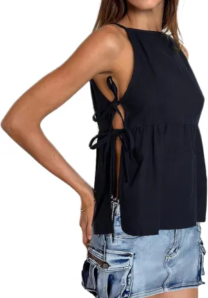 Women Bow Tie Side Tank Top Y2k Coquette Split Hem Peplum Cut Out Sleeveless Camisole Babydoll Vest Streetwear