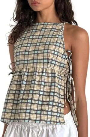 Women Bow Tie Side Tank Top Y2k Coquette Split Hem Peplum Cut Out Sleeveless Camisole Babydoll Vest Streetwear