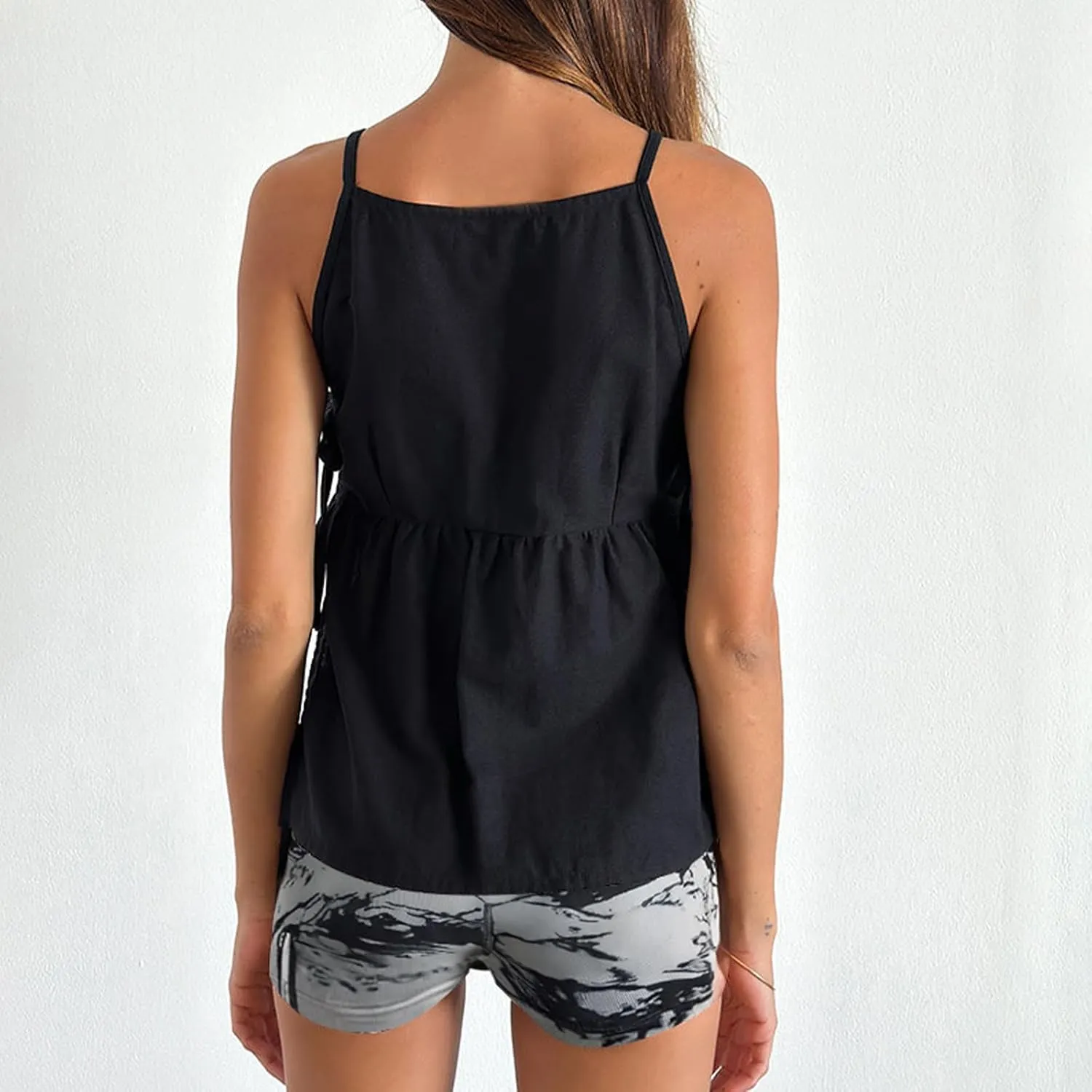 Women Bow Tie Side Tank Top Y2k Coquette Split Hem Peplum Cut Out Sleeveless Camisole Babydoll Vest Streetwear