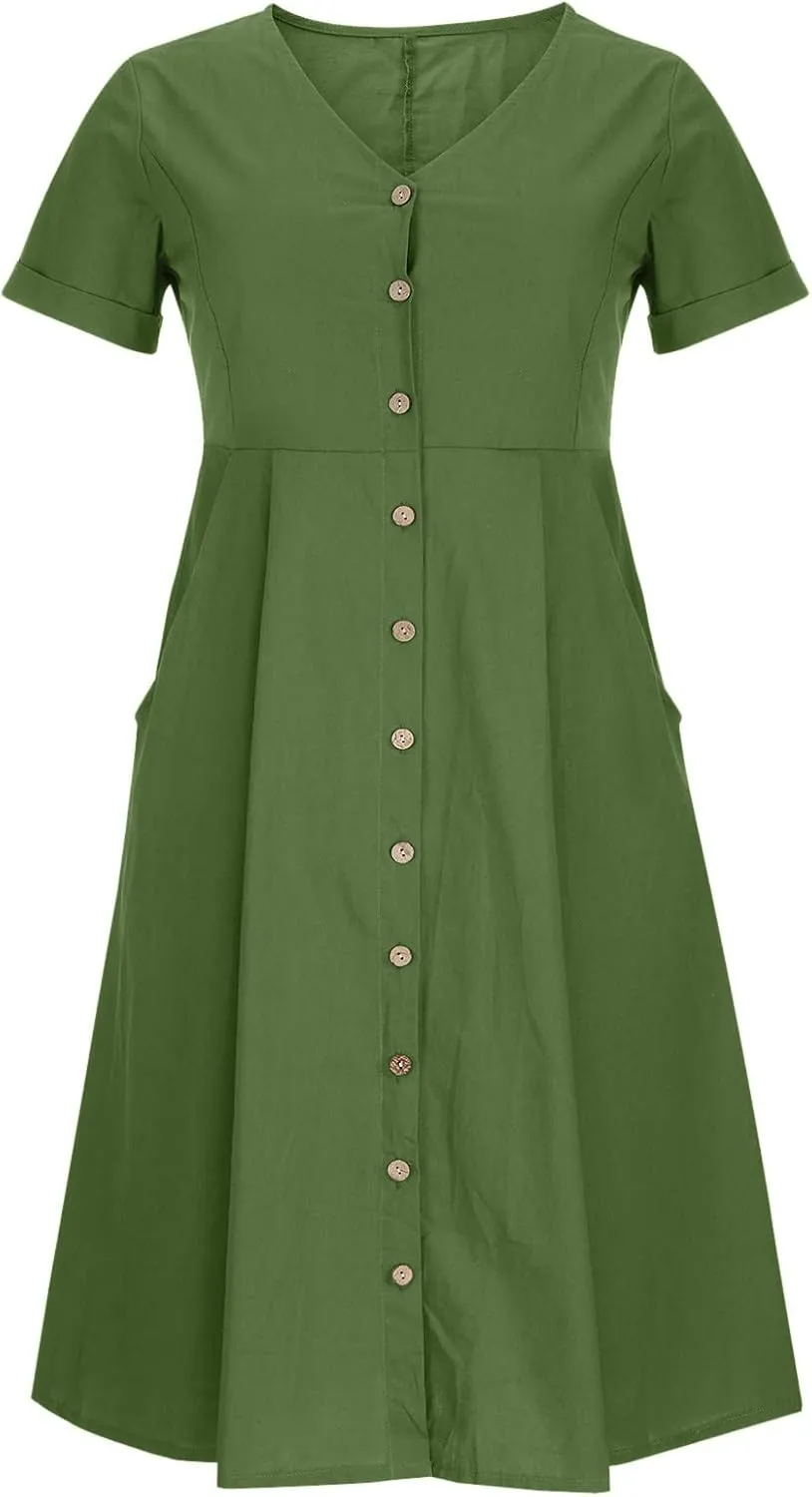 Women Casual Cotton Linen Midi Dresses Short Sleeve Loose Fit Summer Dress Plus Size Solid Color Swing Dresses