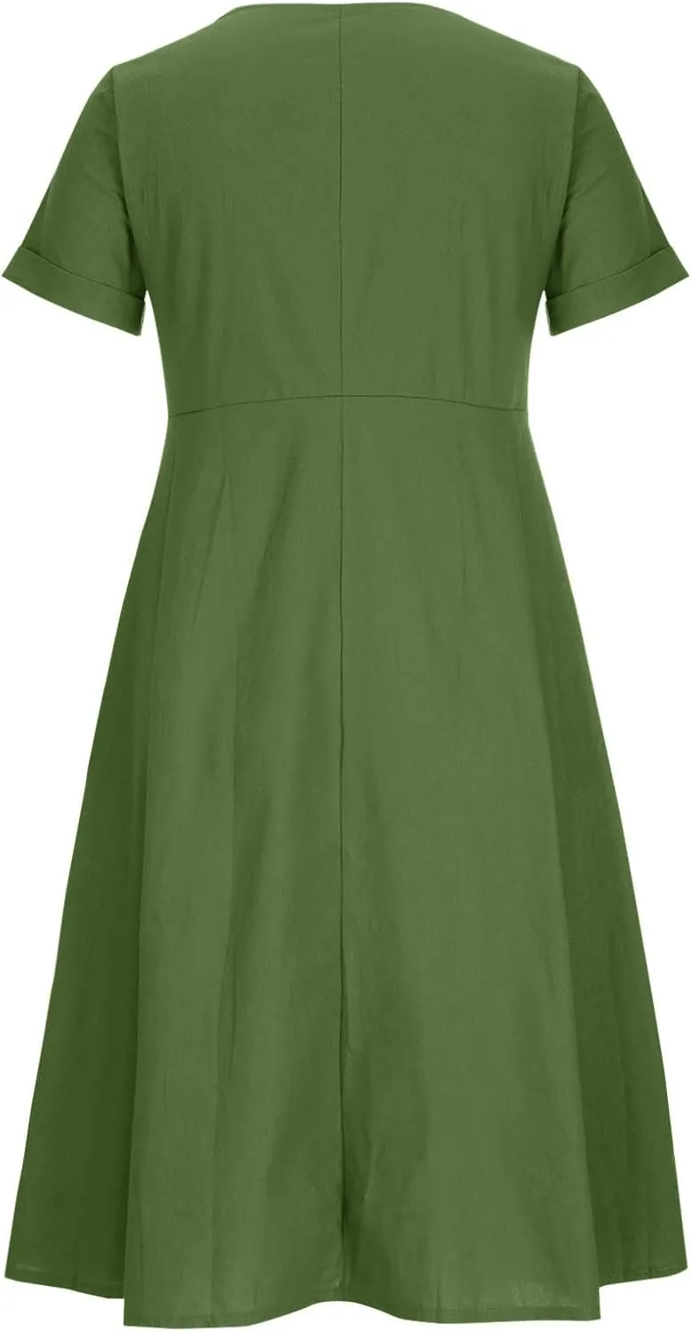 Women Casual Cotton Linen Midi Dresses Short Sleeve Loose Fit Summer Dress Plus Size Solid Color Swing Dresses