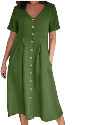 Women Casual Cotton Linen Midi Dresses Short Sleeve Loose Fit Summer Dress Plus Size Solid Color Swing Dresses