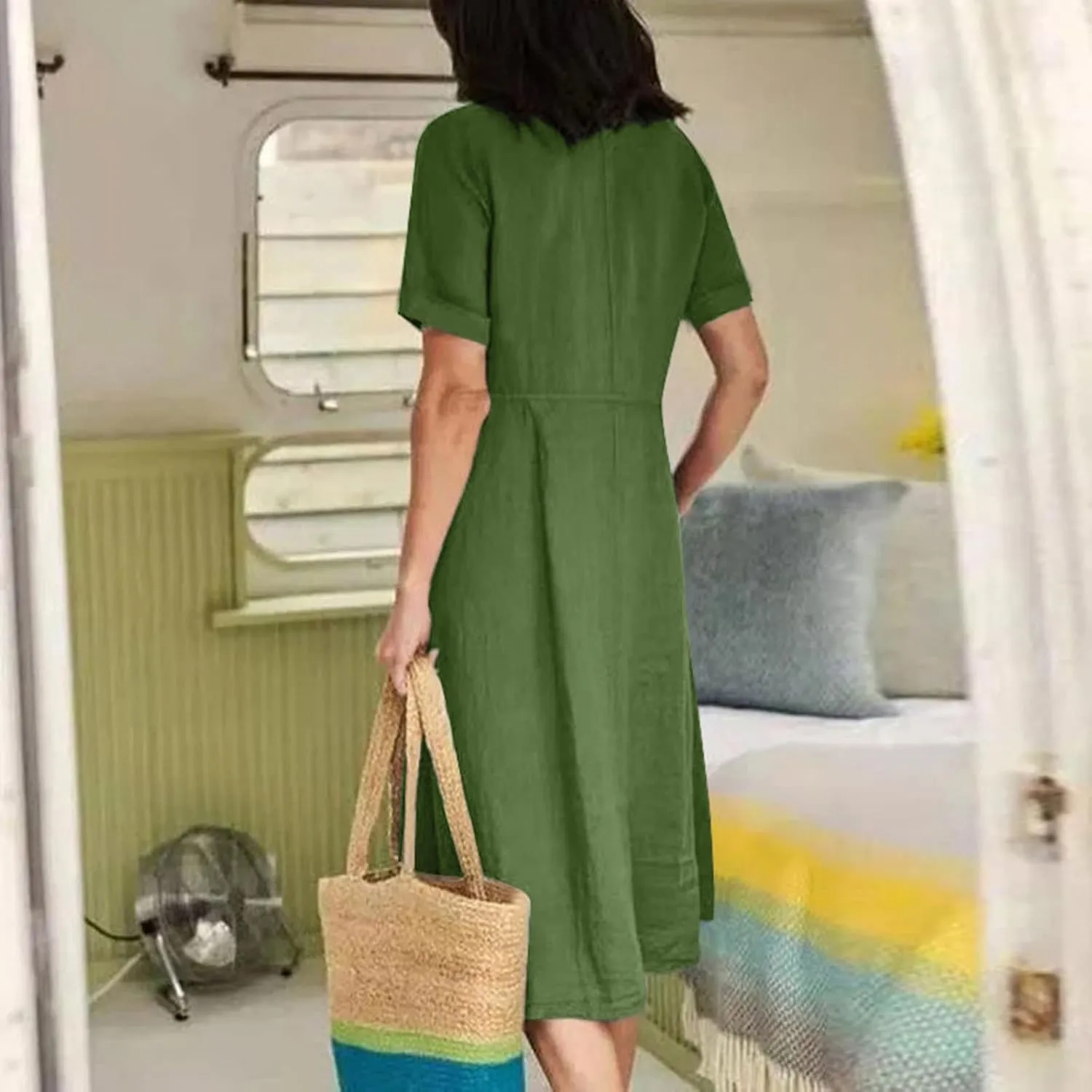 Women Casual Cotton Linen Midi Dresses Short Sleeve Loose Fit Summer Dress Plus Size Solid Color Swing Dresses