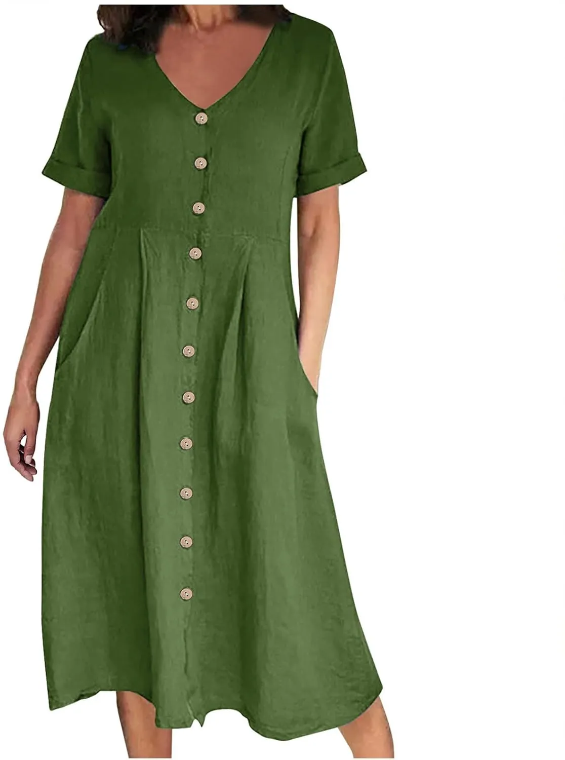Women Casual Cotton Linen Midi Dresses Short Sleeve Loose Fit Summer Dress Plus Size Solid Color Swing Dresses