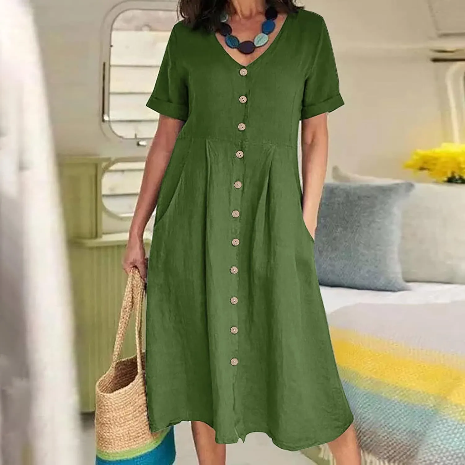 Women Casual Cotton Linen Midi Dresses Short Sleeve Loose Fit Summer Dress Plus Size Solid Color Swing Dresses