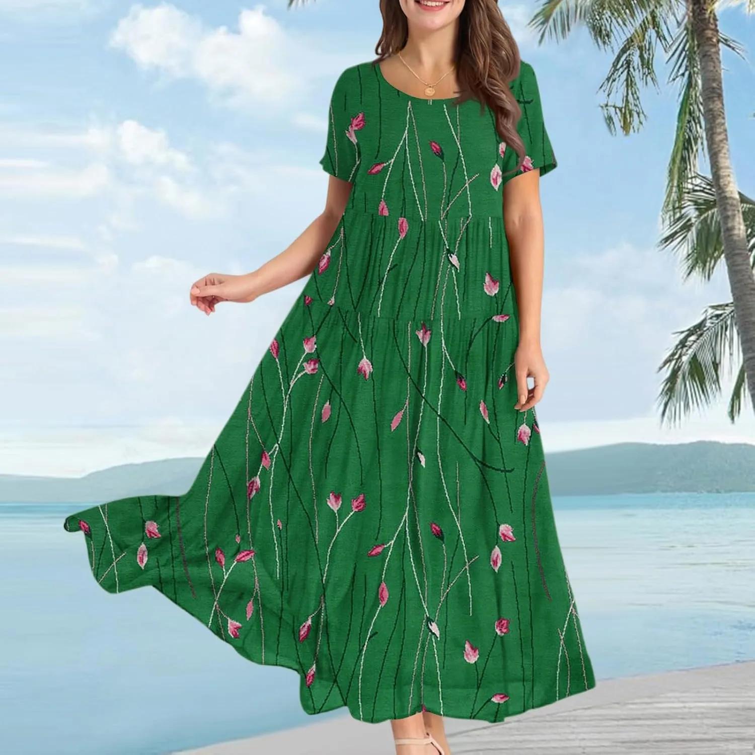 Women Casual Loose Fit Bohemian Floral Dress 2025 Plus Size Short Sleeve Long Maxi Summer Beach Swing Flowy Spring Dresses