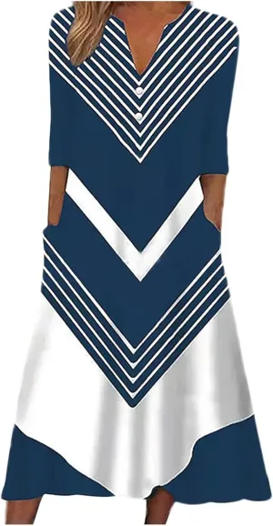 Women Casual Summer Stripe Button V Neck Sleeveless Pocket Holiday Dress Floral Sundress Midi Dress