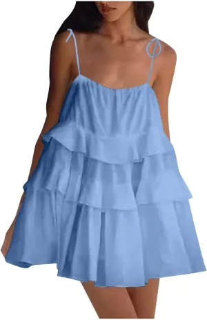 Women Cute Strap Ruffle Mini Dress Summer Tiered Ruffles Short Sundress Sexy Casual Backless Dresses Party Clothes