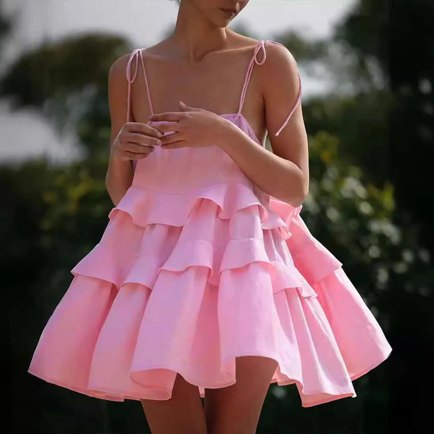 Women Cute Strap Ruffle Mini Dress Summer Tiered Ruffles Short Sundress Sexy Casual Backless Dresses Party Clothes