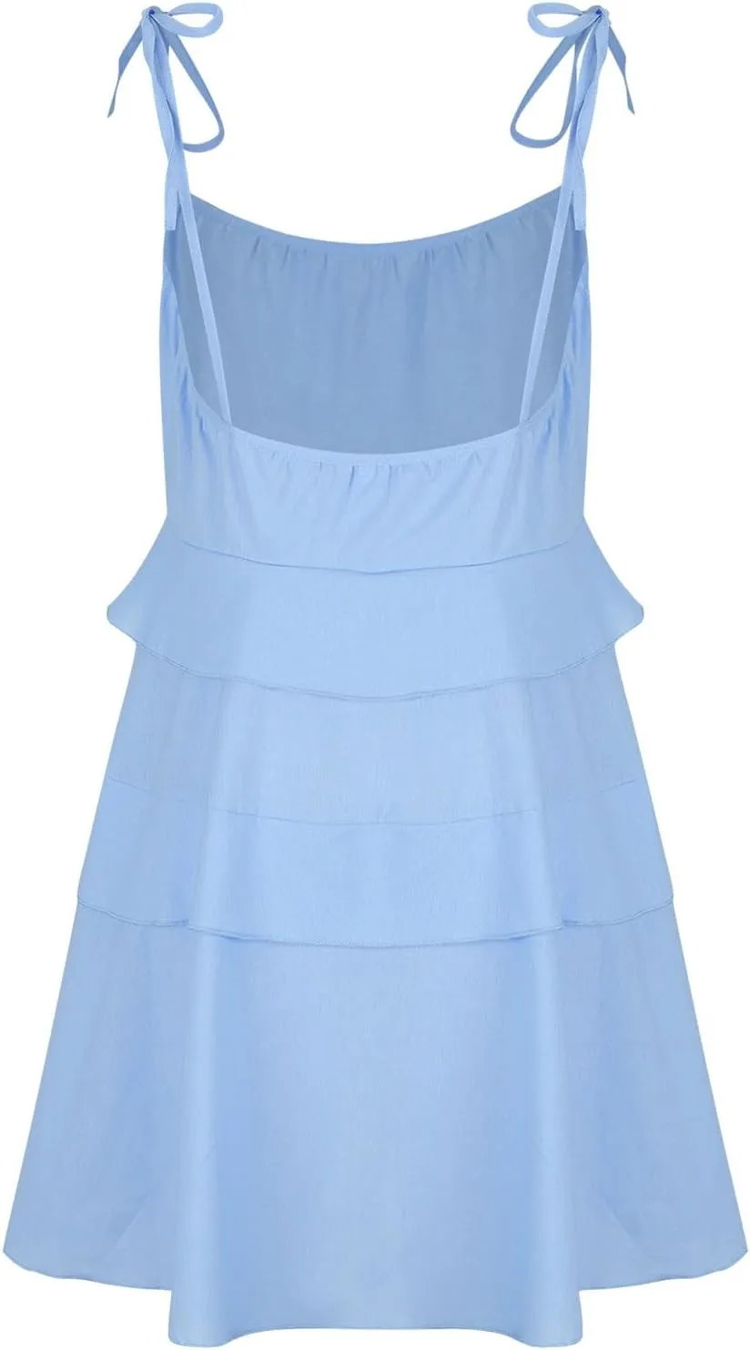 Women Cute Strap Ruffle Mini Dress Summer Tiered Ruffles Short Sundress Sexy Casual Backless Dresses Party Clothes