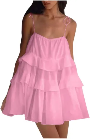 Women Cute Strap Ruffle Mini Dress Summer Tiered Ruffles Short Sundress Sexy Casual Backless Dresses Party Clothes