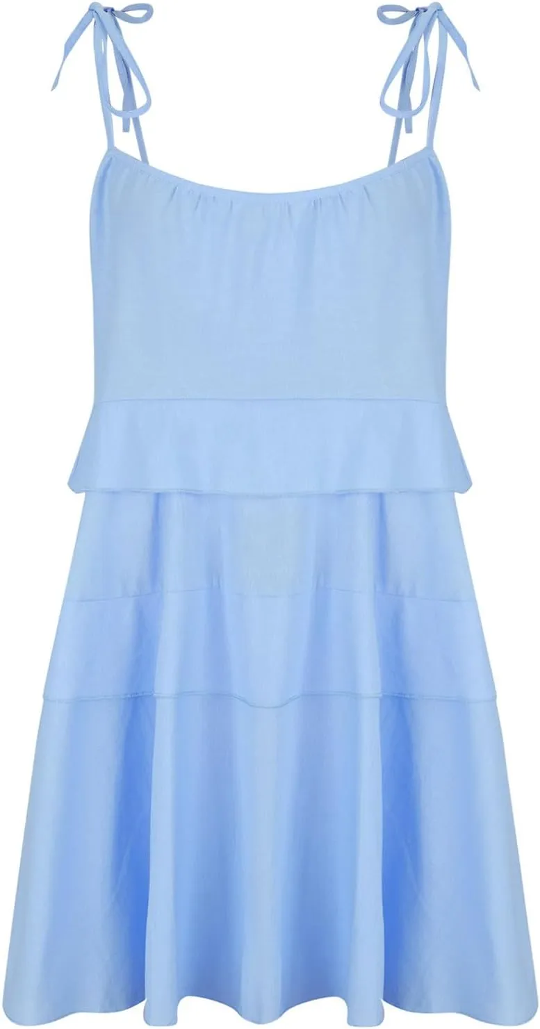 Women Cute Strap Ruffle Mini Dress Summer Tiered Ruffles Short Sundress Sexy Casual Backless Dresses Party Clothes
