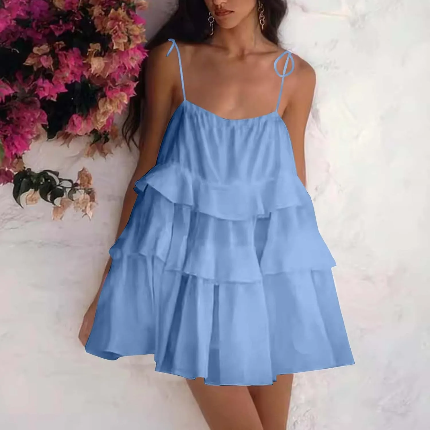 Women Cute Strap Ruffle Mini Dress Summer Tiered Ruffles Short Sundress Sexy Casual Backless Dresses Party Clothes