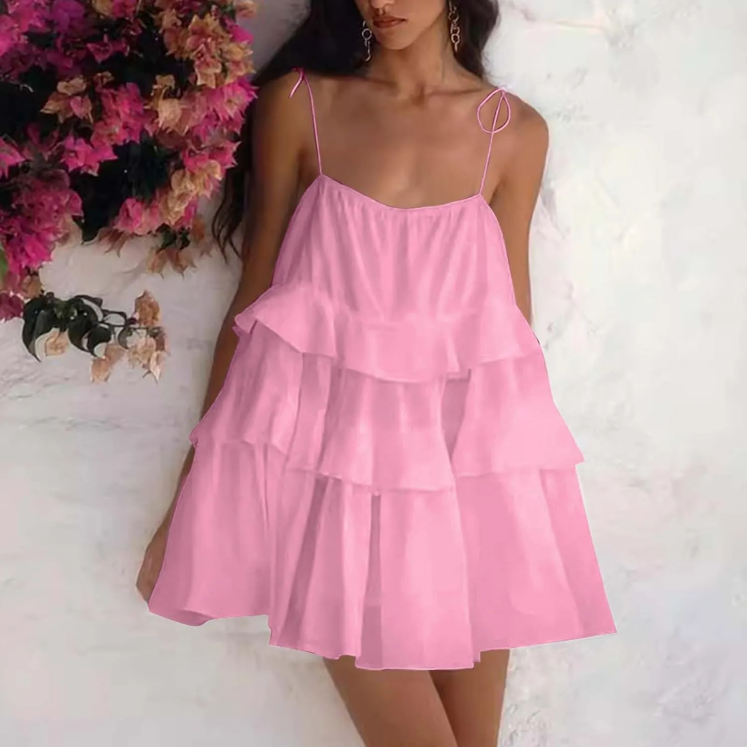 Women Cute Strap Ruffle Mini Dress Summer Tiered Ruffles Short Sundress Sexy Casual Backless Dresses Party Clothes