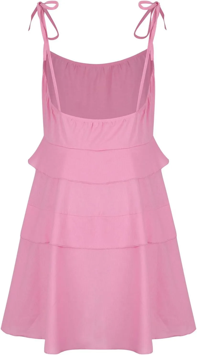 Women Cute Strap Ruffle Mini Dress Summer Tiered Ruffles Short Sundress Sexy Casual Backless Dresses Party Clothes
