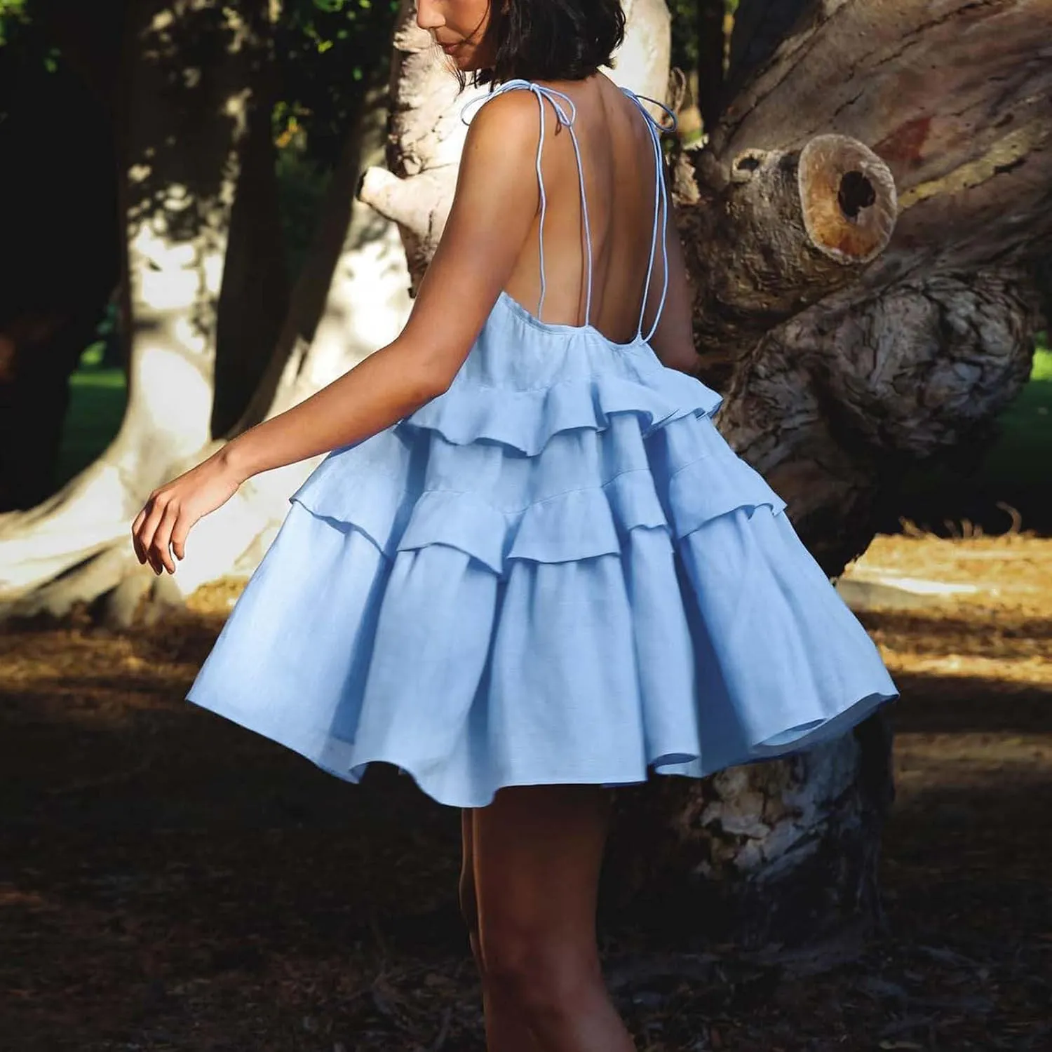 Women Cute Strap Ruffle Mini Dress Summer Tiered Ruffles Short Sundress Sexy Casual Backless Dresses Party Clothes
