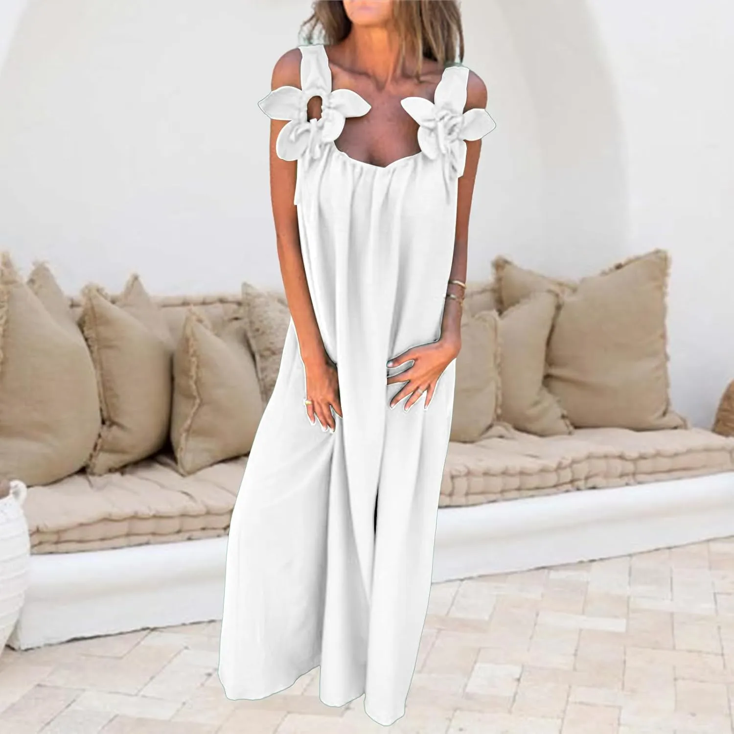 Women Dressy Maxi Dress Casual Sleeveless A Line Loose Backless Dresses Summer Swing Flowy Guest Wedding Long Dress
