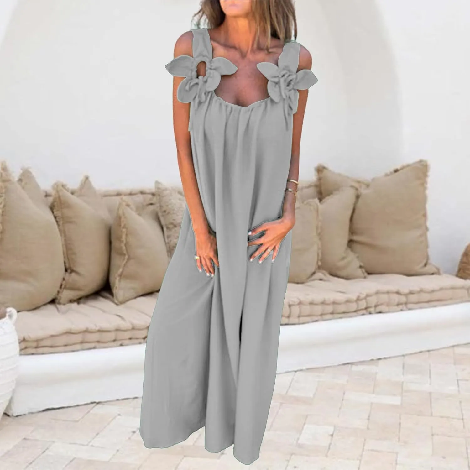Women Dressy Maxi Dress Casual Sleeveless A Line Loose Backless Dresses Summer Swing Flowy Guest Wedding Long Dress