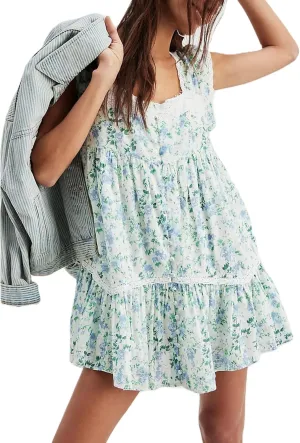 Women Floral Patchwork Mini Ruffle Dress Lace Boho Tie Back Tiered Puff Short Dresses A Line Layered Swing Dress