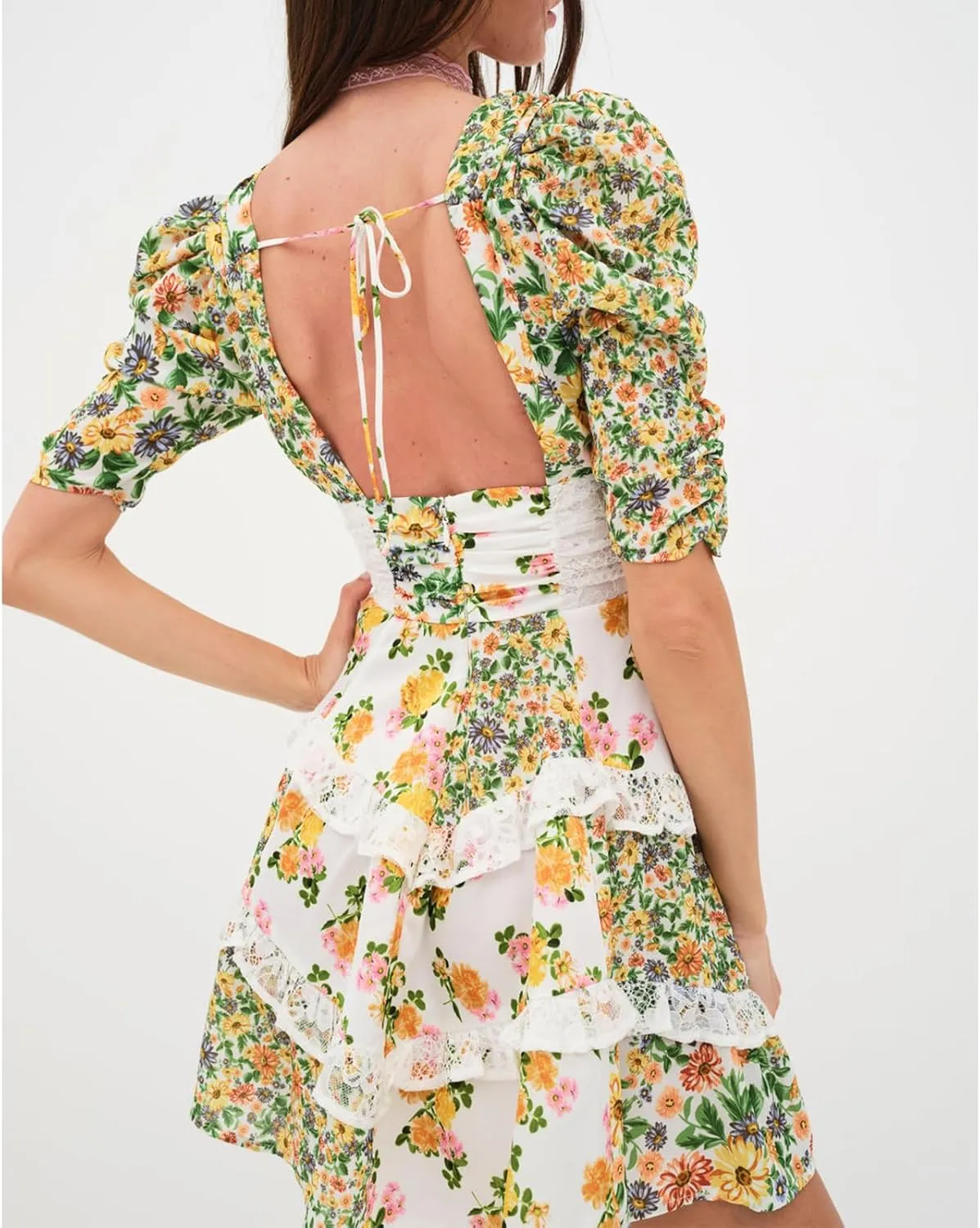 Women Floral Patchwork Mini Ruffle Dress Lace Boho Tie Back Tiered Puff Short Dresses A Line Layered Swing Dress