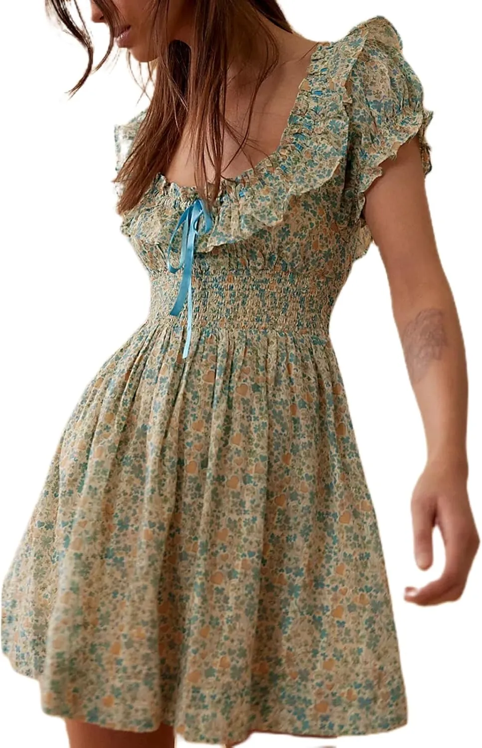 Women Floral Patchwork Mini Ruffle Dress Lace Boho Tie Back Tiered Puff Short Dresses A Line Layered Swing Dress