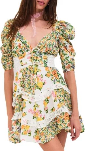 Women Floral Patchwork Mini Ruffle Dress Lace Boho Tie Back Tiered Puff Short Dresses A Line Layered Swing Dress