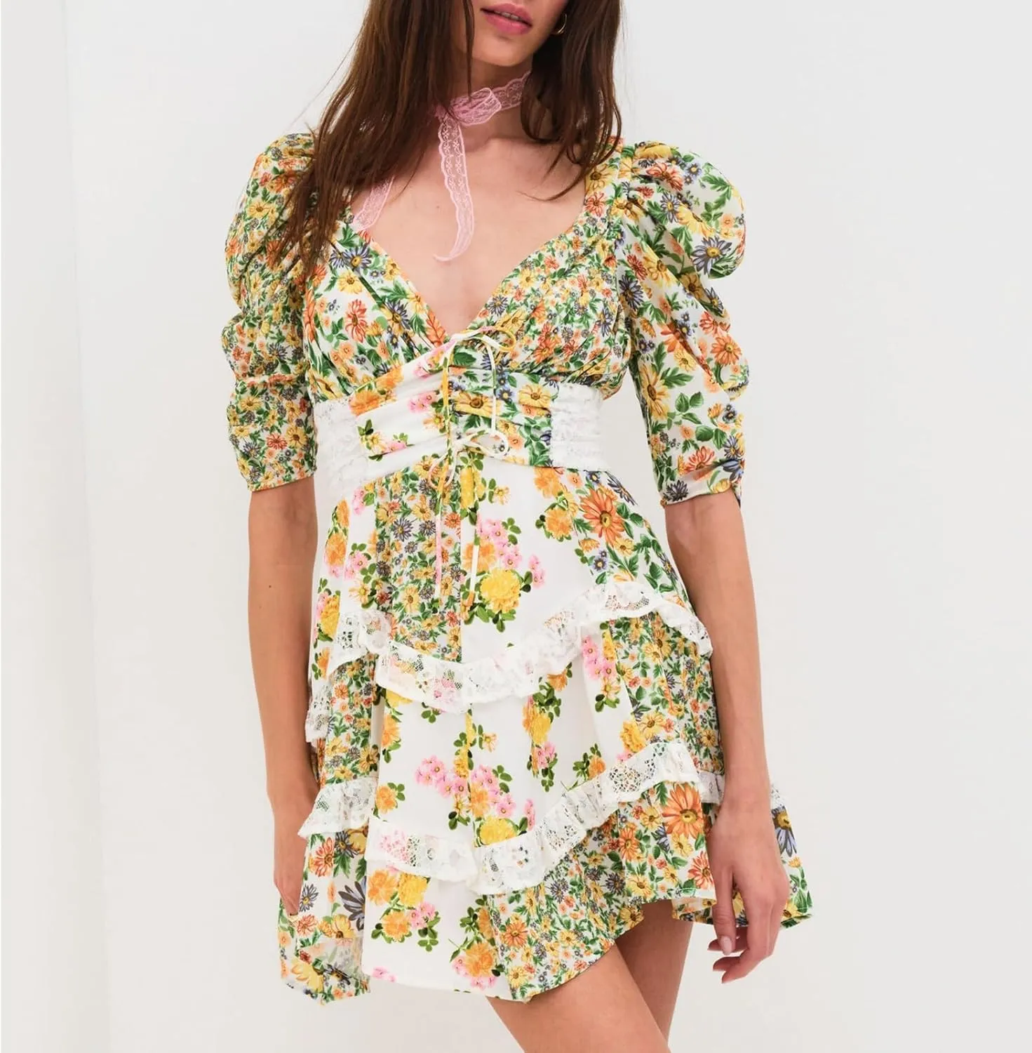 Women Floral Patchwork Mini Ruffle Dress Lace Boho Tie Back Tiered Puff Short Dresses A Line Layered Swing Dress