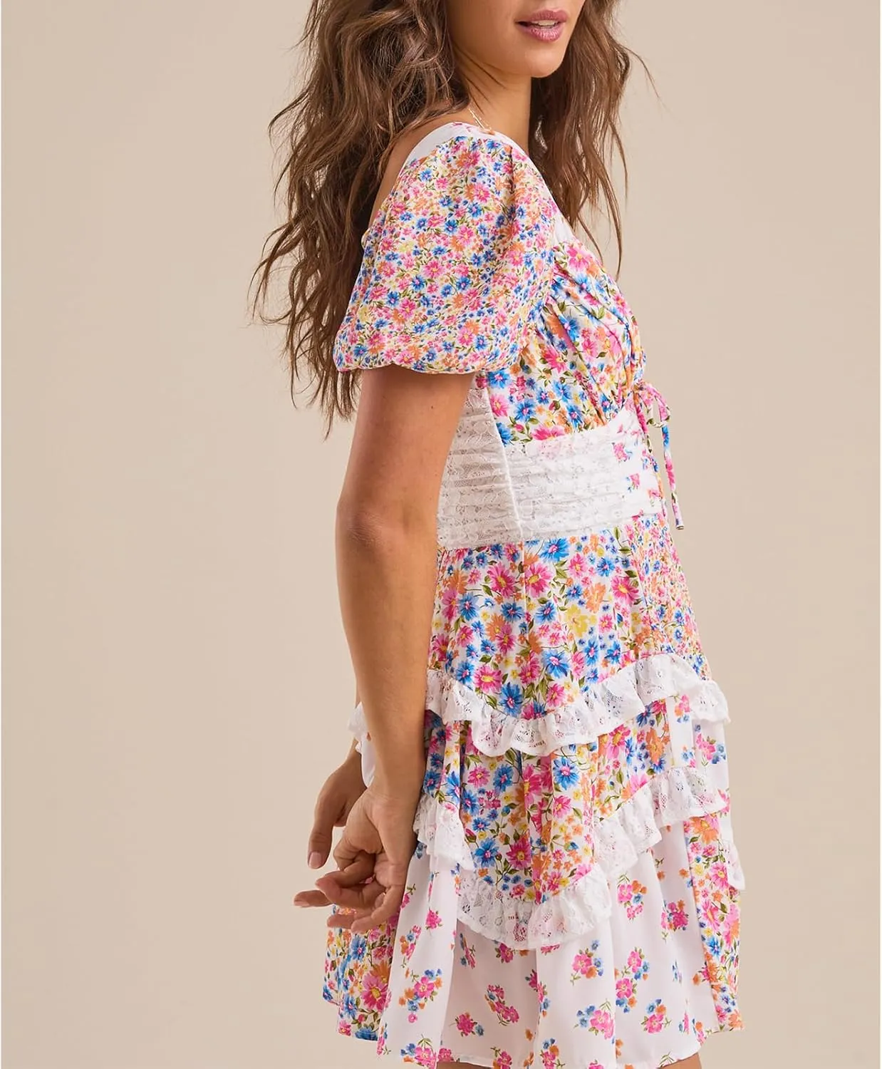 Women Floral Patchwork Mini Ruffle Dress Lace Boho Tie Back Tiered Puff Short Dresses A Line Layered Swing Dress