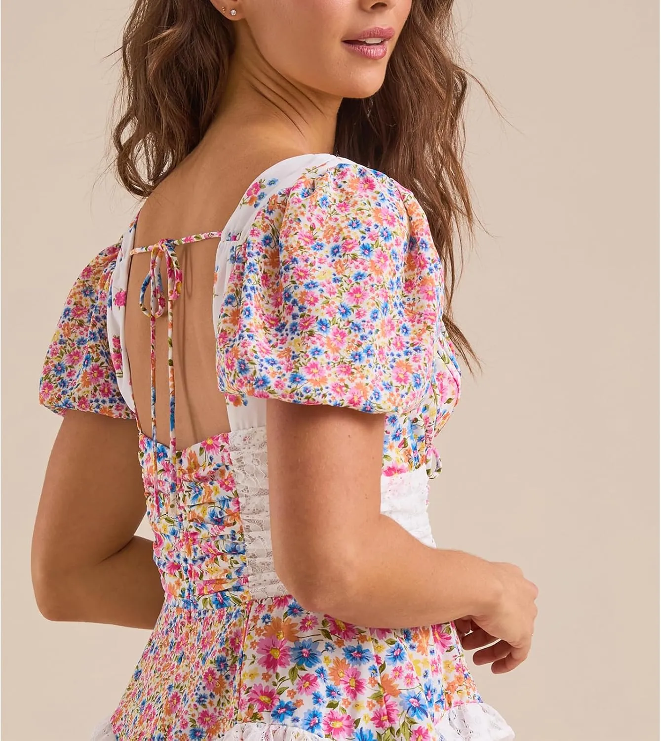 Women Floral Patchwork Mini Ruffle Dress Lace Boho Tie Back Tiered Puff Short Dresses A Line Layered Swing Dress