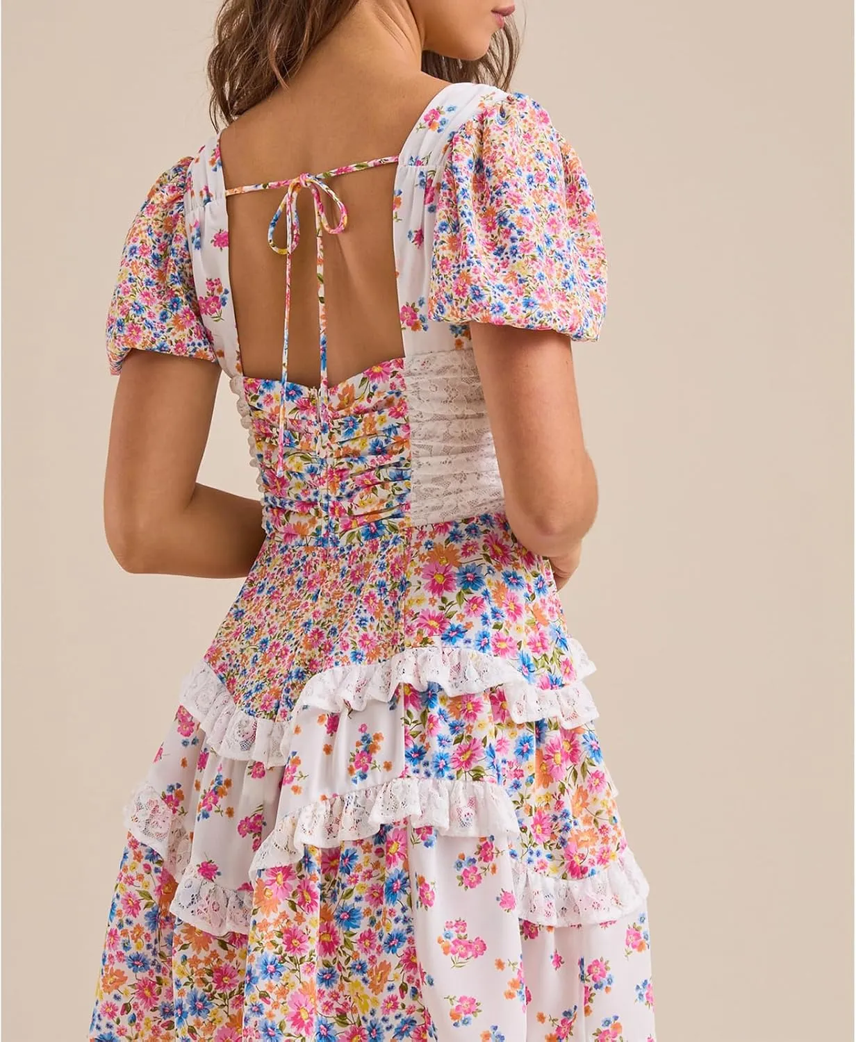 Women Floral Patchwork Mini Ruffle Dress Lace Boho Tie Back Tiered Puff Short Dresses A Line Layered Swing Dress