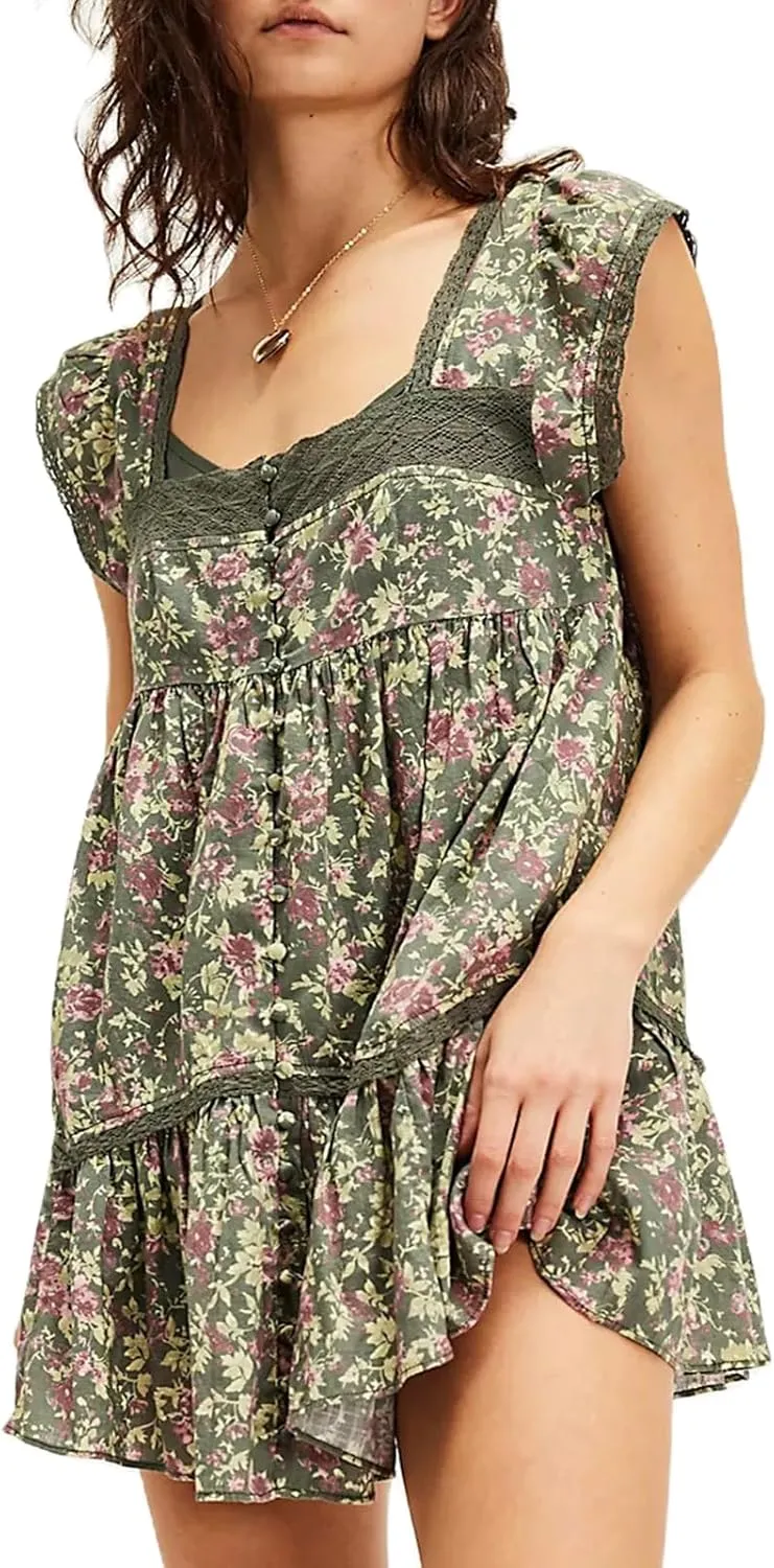 Women Floral Patchwork Mini Ruffle Dress Lace Boho Tie Back Tiered Puff Short Dresses A Line Layered Swing Dress