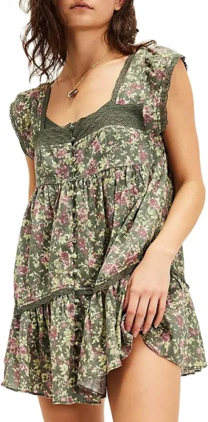 Women Floral Patchwork Mini Ruffle Dress Lace Boho Tie Back Tiered Puff Short Dresses A Line Layered Swing Dress