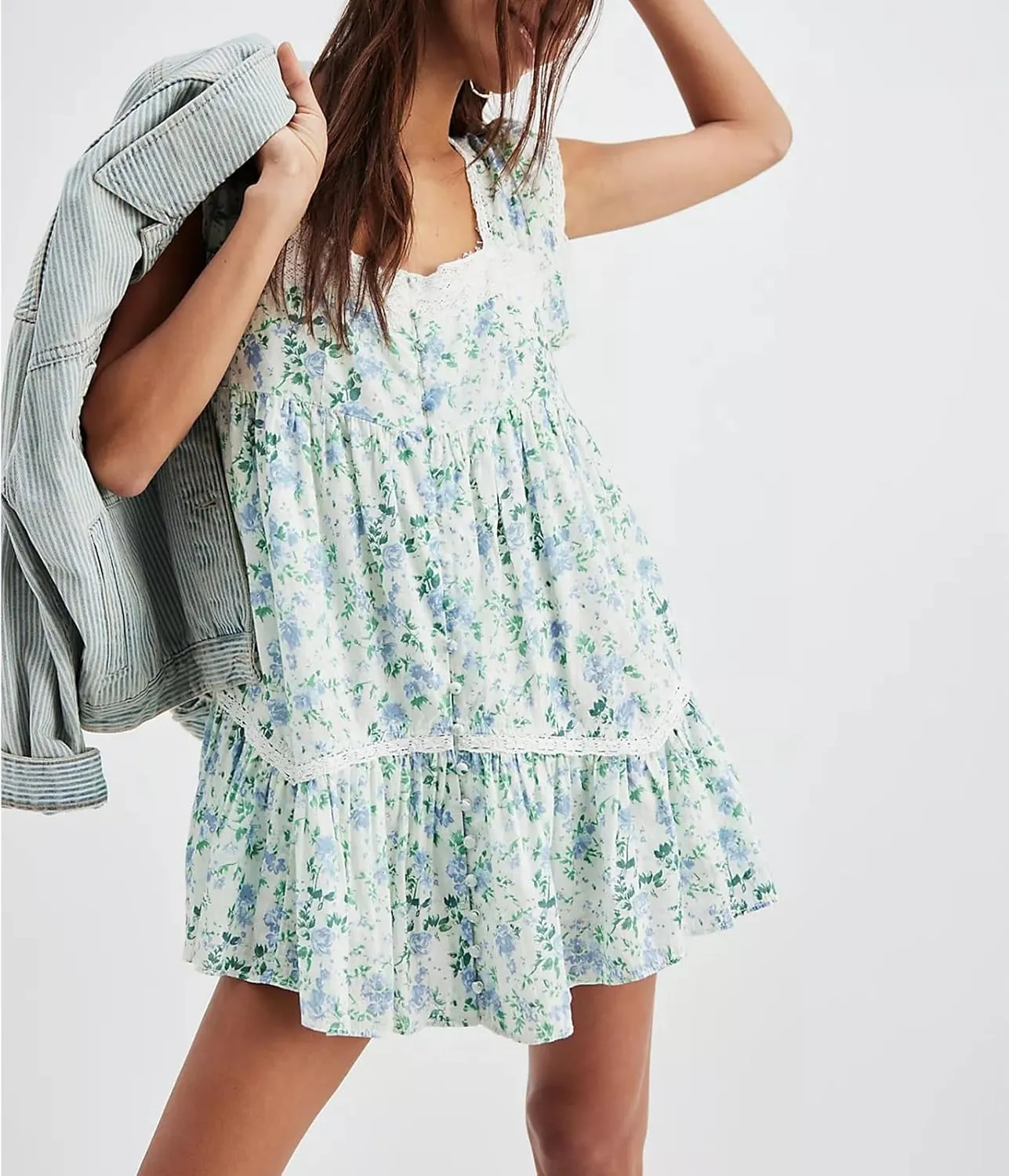 Women Floral Patchwork Mini Ruffle Dress Lace Boho Tie Back Tiered Puff Short Dresses A Line Layered Swing Dress